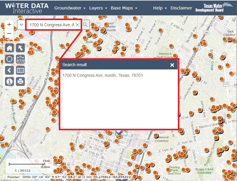 Groundwater Data Viewer with an address entered in the search box and the search result pop up box, both outlined in red.