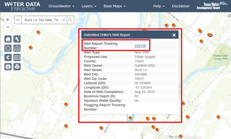 Groundwater Data Viewer with Submitted Drillers Report attribute box open after clicking on an orange dot.
