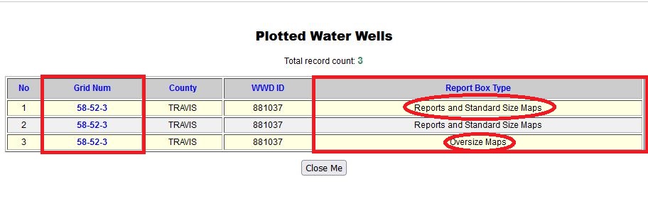 Plotted Water Wells box with links to well reports