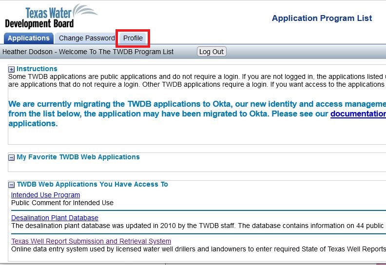 Image of the Application Management(APM) Program home page with the Profile button highlighted with a red box in the upper left corner of the image