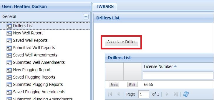Image of the Drillers List screen in the TWRSRS application with the Associate Driller button highlighted with a red box