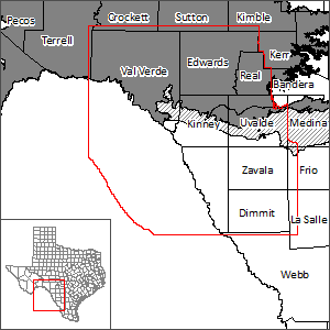 This map shows the extent and location of the Kinney County Groundwater Flow Model.