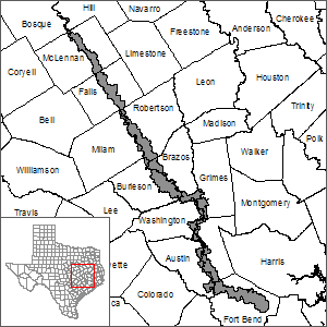 This map shows the extent and location of the Brazos River Alluvium Groundwater Availability Model.