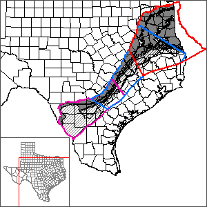 This map shows the extent and location of the Queen City and Sparta Aquifers GAM.