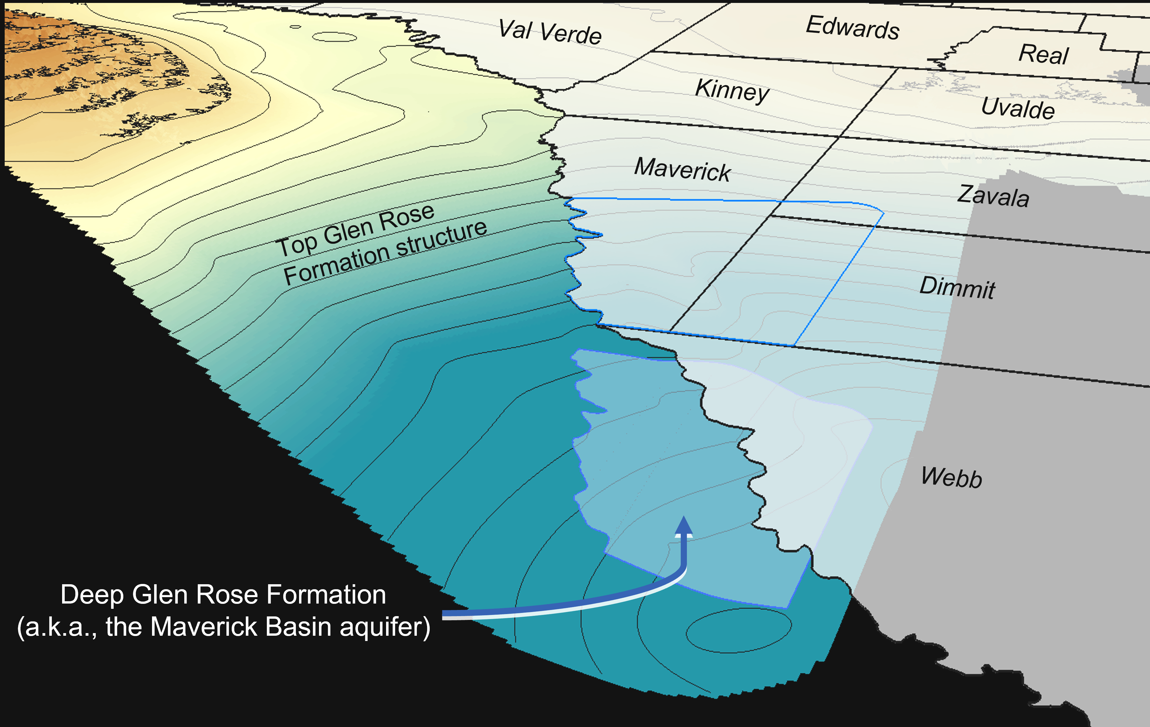 Three dimensional map of the top of the Glen Rose Formation in the Maverick Basin, mapped by the TWDB BRACS department. Image shows Maverick, Zavala, Kinney, Uvalde, and Dimmit counties overlain by a polygon representing a draft extent of the slightly saline water in the Glen Rose Formation, projected into the subsurface to the top of Glen Rose Formation. The figure includes Mexico showing the top of Glen Rose Formation elevated in the Sierra del Burro Mountains west of MAverick County. 