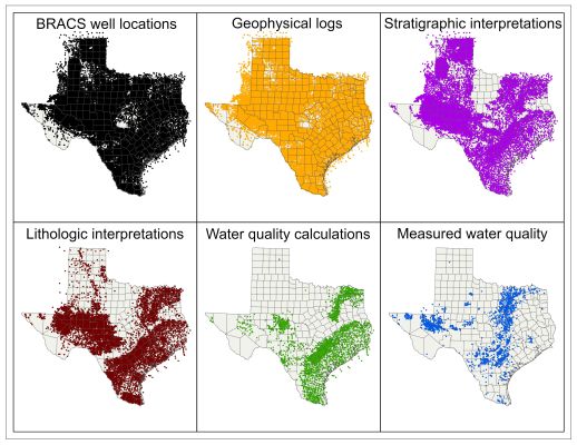 Locations of BRACS point data including, 1. Well locations. 2. Geophysical logs. 3. Stratigraphic interpretations. 4. Lithologic interpretations. 5. Water quality calculations. and 6. Measured water quality.
