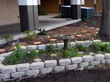 A bird feeder and plants grace the garden. The rainwater harvesting system is in the background.