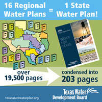 16 Regional Water Plans equals 1 State Water Plan! Over 19,500 pages condensed into 203 pages. <a href='/newsmedia/infographics/doc/Regional_plans_page_count_infographic.pdf'>Download Infographic</a>