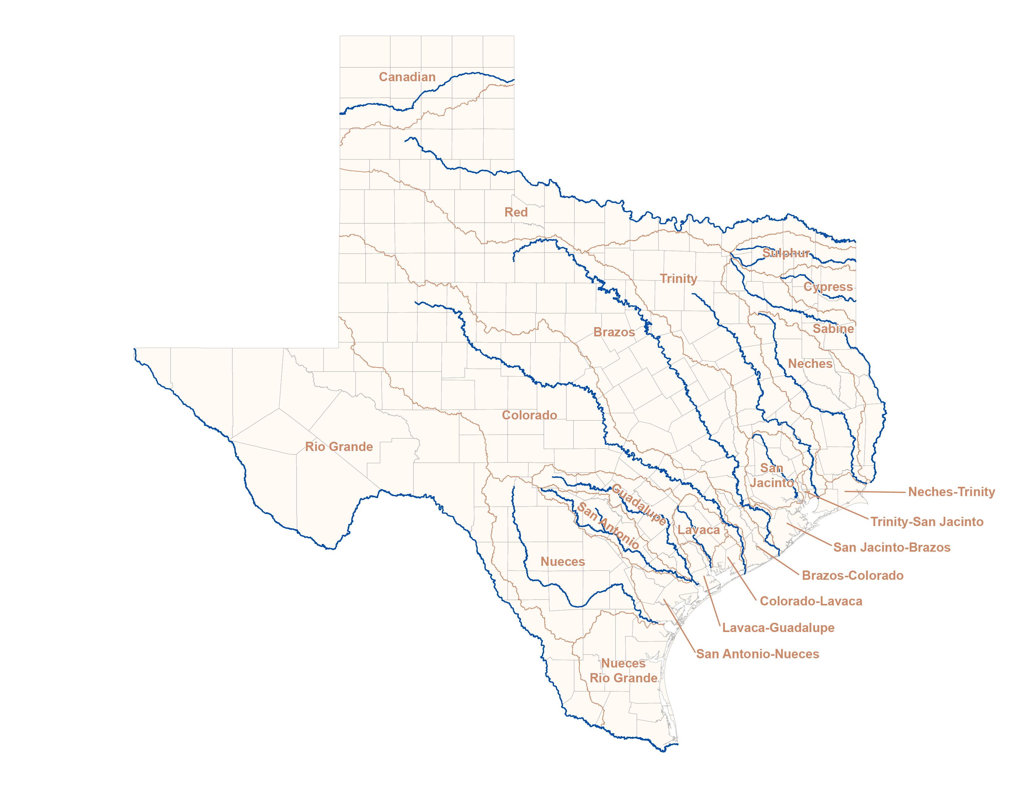 the major river basins in Texas is provided below. Click on the river 