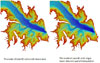 color depth map of a lake in comparison between single and multi-beam data