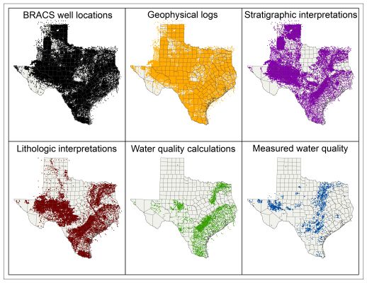 Locations of BRACS point data including, 1. Well locations. 2. Geophysical logs. 3. Stratigraphic interpretations. 4. Lithologic interpretations. 5. Water quality calculations. and 6. Measured water quality.