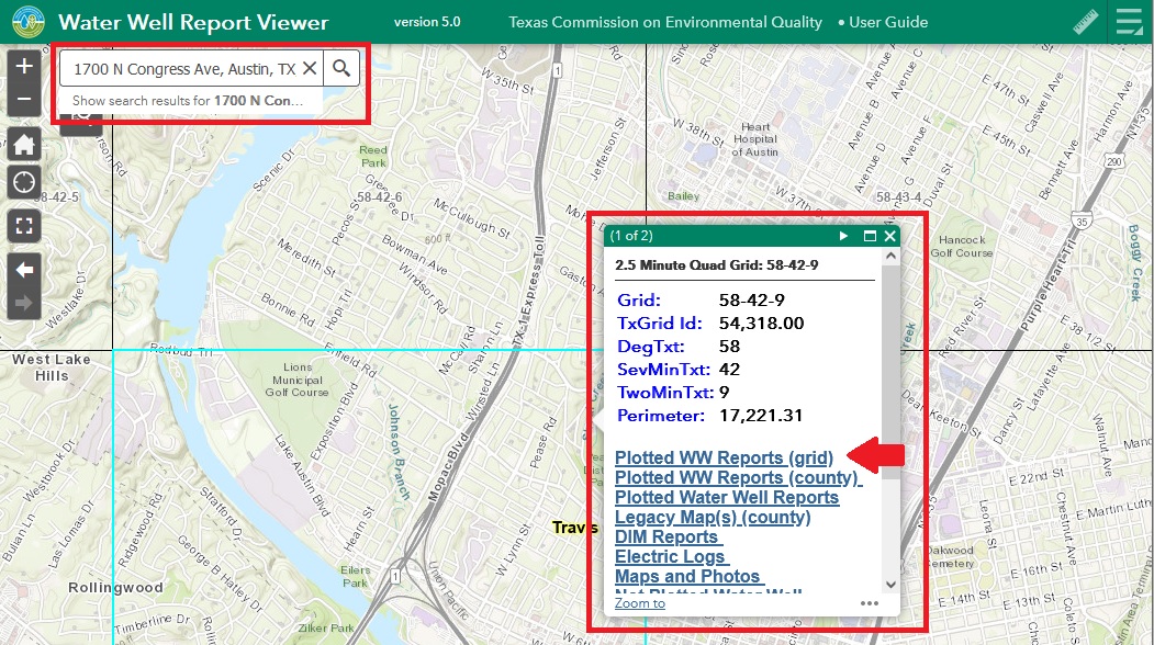 TCEQ Water Well Report Viewer with the attribute box outlined in red.