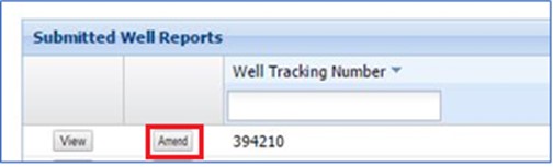 Image of the Submitted Well Reports screen in TWRSRS with the Amend button highlighted in a red box