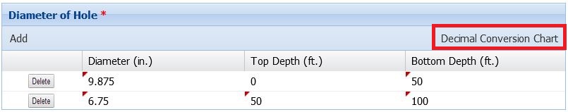 Image of Diameter of Hole field in TWRSRS with the Decimal Conversion Chart button highlighted in a red box