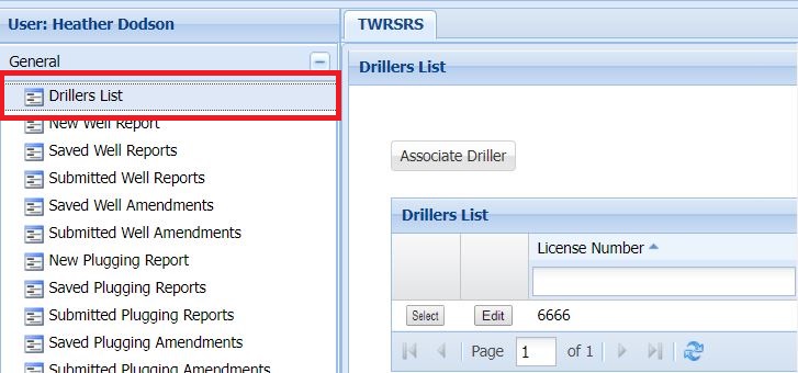 Image of the Drillers List screen in the TWRSRS application