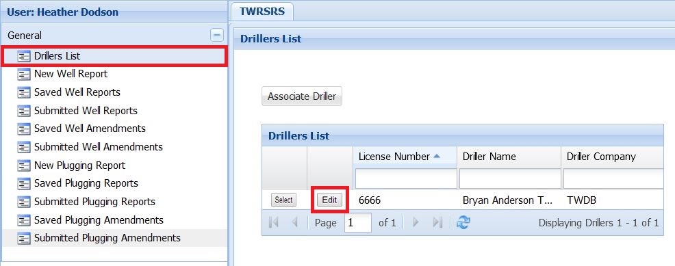 Image of the Drillers List screen in the TWRSRS application with the Drillers List and Edit buttons highlighted with a red box