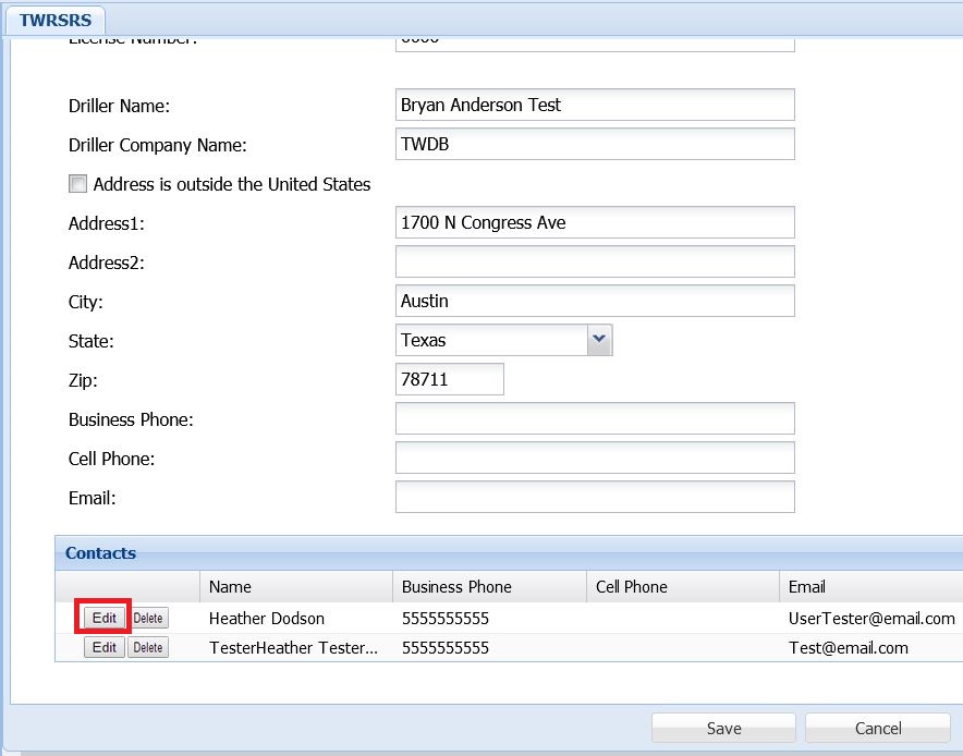 Image of the Edit Driller and Contacts screen in the TWRSRS application with the Edit button for Contacts highlighted with a red box