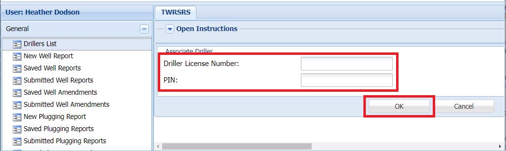 Image of the Associate to a Driller screen in the TWRSRS application