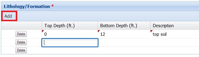 Image of Lithology/Formation field in TWRSRS with the Add button highlighted in a red box