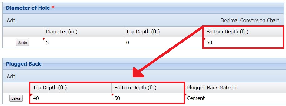 Image of Diameter of Hole and Plugged Back fields in TWRSRS that shows a total depth of 50 feet and that the well is plugged back from 40 to 50 feet