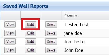 Image of the Saved Well Reports menu in TWRSRS with the Edit button highlighted in a red box