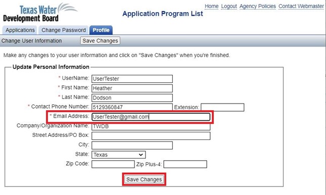 Image of the Profile page in APM with the Email Address field and the Save Changes button highlighted with a red box