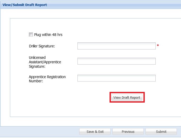 Image of the View/Submit Draft Report screen in TWRSRS with the View Draft Report button highlighted in a red box