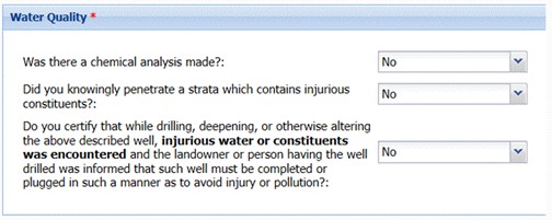 Image of the Water Quality field in TWRSRS showing that when No is entered for the 2nd question, No should also be entered for the 3rd question