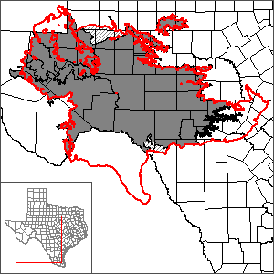 This map shows the extent and location of the Edwards-Trinity (Plateau) and Pecos Valley Aquifers One Layer Groundwater Flow Model.