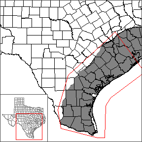 This map shows the extent and location of the southern portion of the Gulf Coast Aquifer System Groundwater Availability Model.