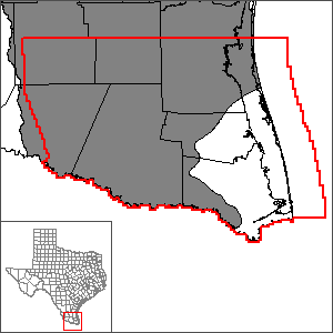 This map shows the extent and location of the southern portion of the Gulf Coast Aquifer System Groundwater Availability Model.