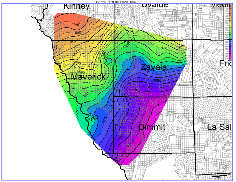 Map of the deep Glen Rose Formation mapped by the Railroad Commission of Texas. Image shows Maverick, Zavala, Kinney, Uvalde, and Dimmit counties overlain by a contour map of formation depth, ranging from about 1000 to 8000 feet below land surface. The formation deepens as you move northwest to southeast