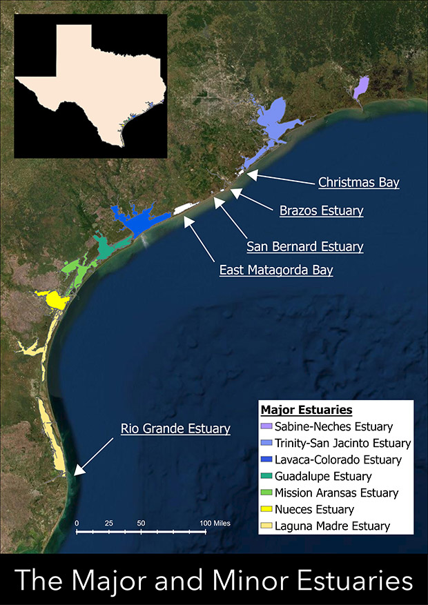 Texas bays showing both major and minor estuaries