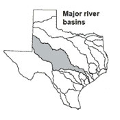 Texas map showing Colorado river basin outlines